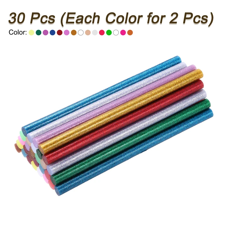 30pcs Mini Hot Glue Gun Sticks 8"x0.43" for Glue Gun, Glitter 15 Colors