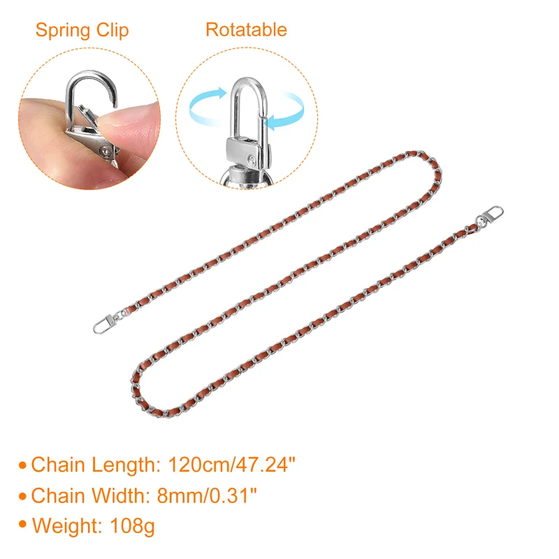 47" Purse Chain Strap with Buckles for Shoulder and Cross Body (Brown + Silver)