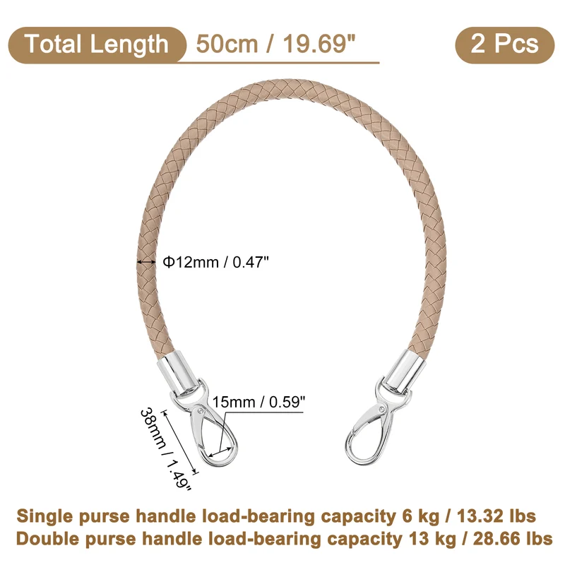2Pcs 50cm Short Leather PU Braided Purse Replacement (Grey Brown, Silver)
