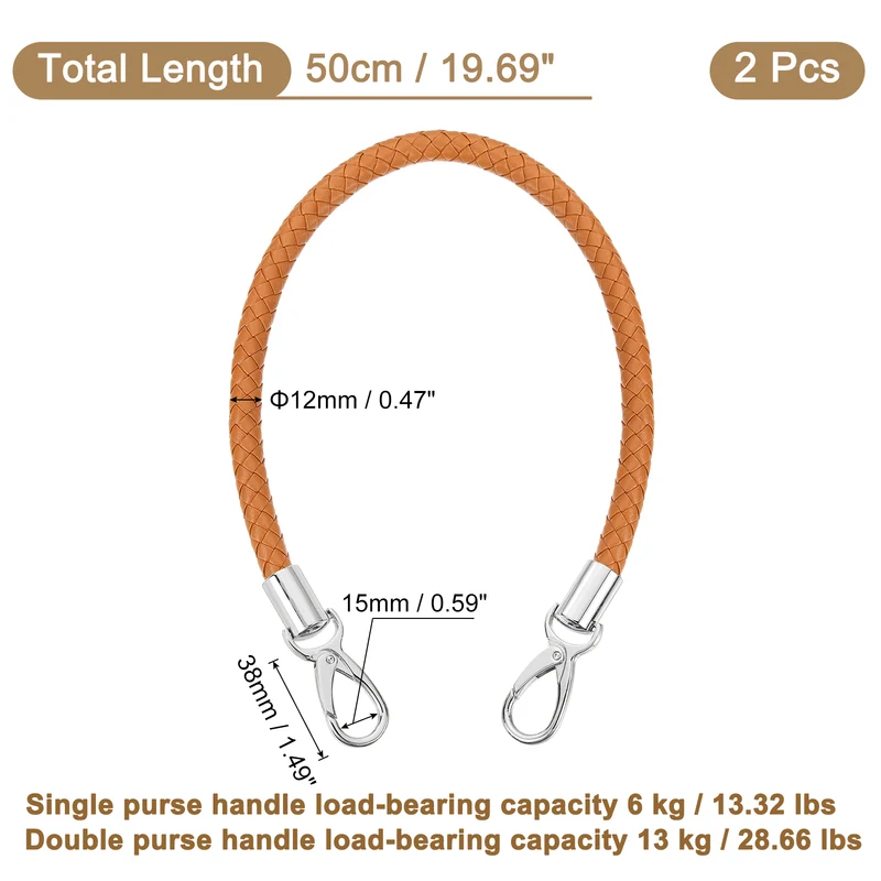 2Pcs 50cm Short Leather PU Braided Purse Replacement (Yellow Brown, Silver)