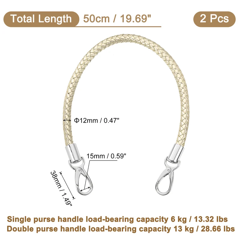 2Pcs 50cm Short Leather PU Braided Purse Replacement (Light Gold, Silver)