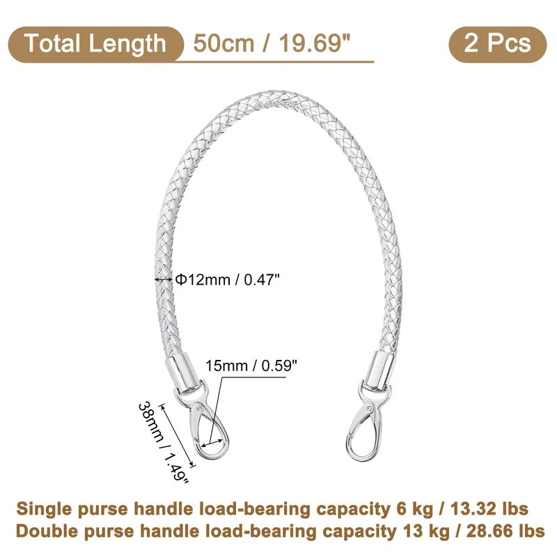 2Pcs 50cm Short Leather PU Braided Purse Replacement Silver