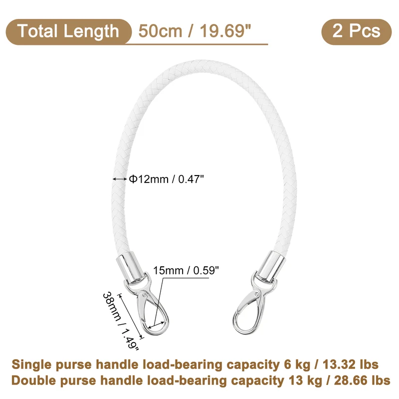 2Pcs 50cm Short Leather PU Braided Purse Replacement (White Silver)
