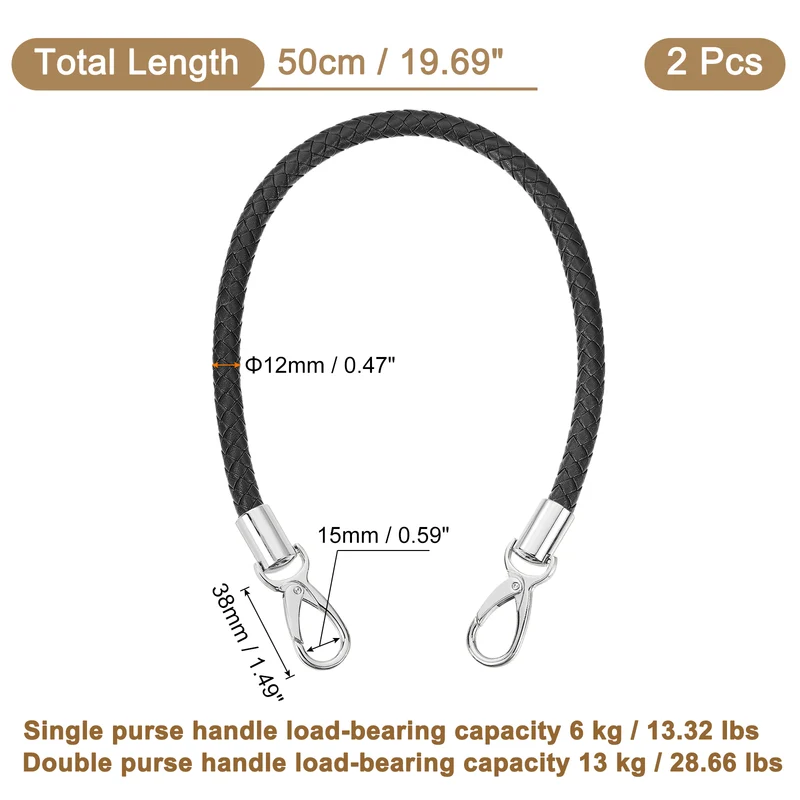 2Pcs 50cm Short Leather PU Braided Purse Replacement Black Silver