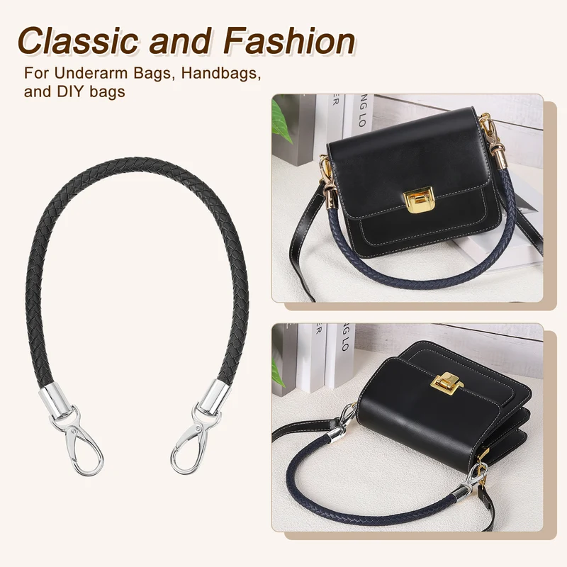 2Pcs 50cm Short Leather PU Braided Purse Replacement Black Silver