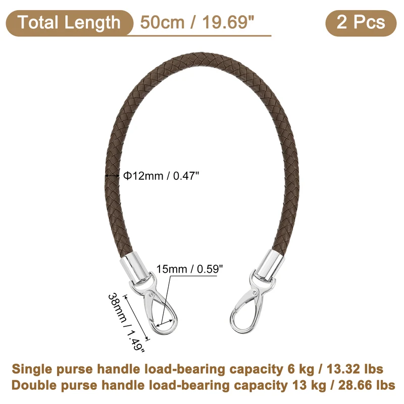 2Pcs 50cm Short Leather PU Braided Purse Replacement Dark Coffee Silver