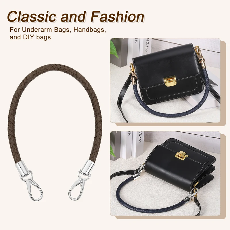 2Pcs 50cm Short Leather PU Braided Purse Replacement Dark Coffee Silver