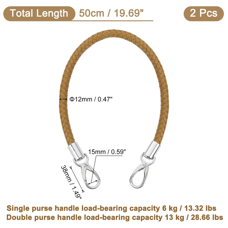 2Pcs 50cm Short Leather PU Braided Purse Replacement (Dark Khaki, Silver)