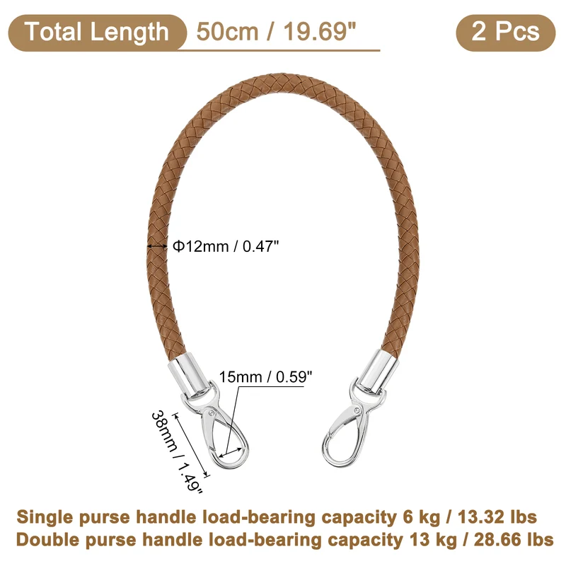 2Pcs 50cm Short Leather PU Braided Purse Replacement (Coffee, Silver)