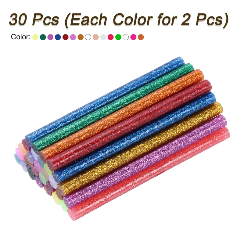 30pcs Mini Hot Glue Gun Sticks 4"x0.28" for Glue Gun, Glitter 15 Colors