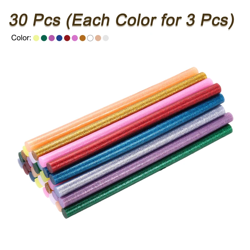 30pcs Mini Hot Glue Gun Sticks 8"x0.43" for Glue Gun, Glitter 10 Colors