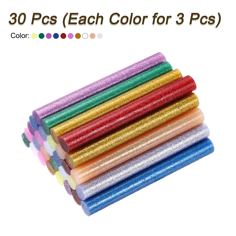30pcs Mini Hot Glue Gun Sticks 4"x0.43" for Glue Gun, Glitter 10 Colors