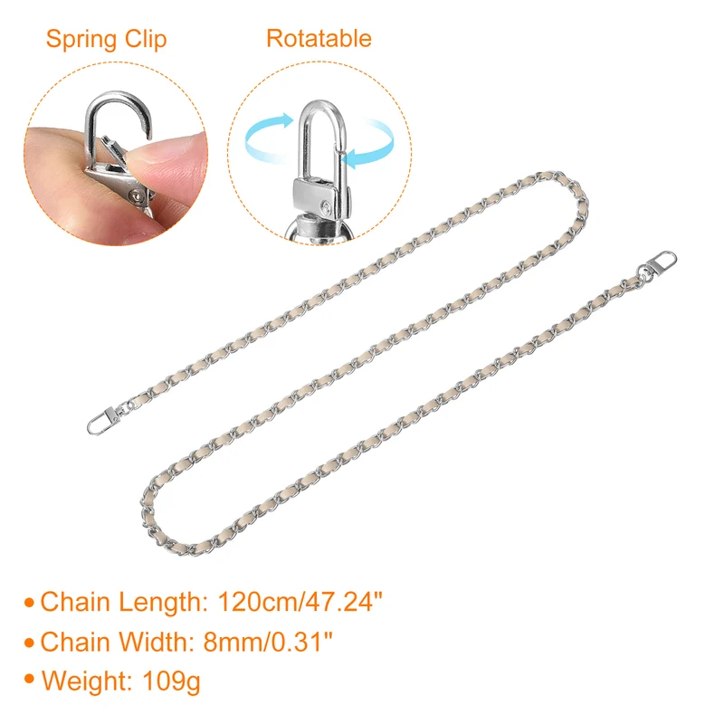 47" Purse Chain Strap with Buckles for Shoulder and Cross Body (Beige + Silver)