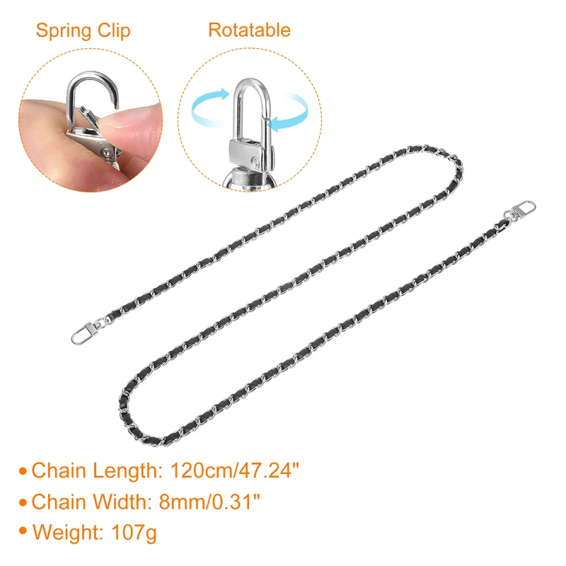 47" Purse Chain Strap with Buckles for Shoulder and Cross Body Black Silver