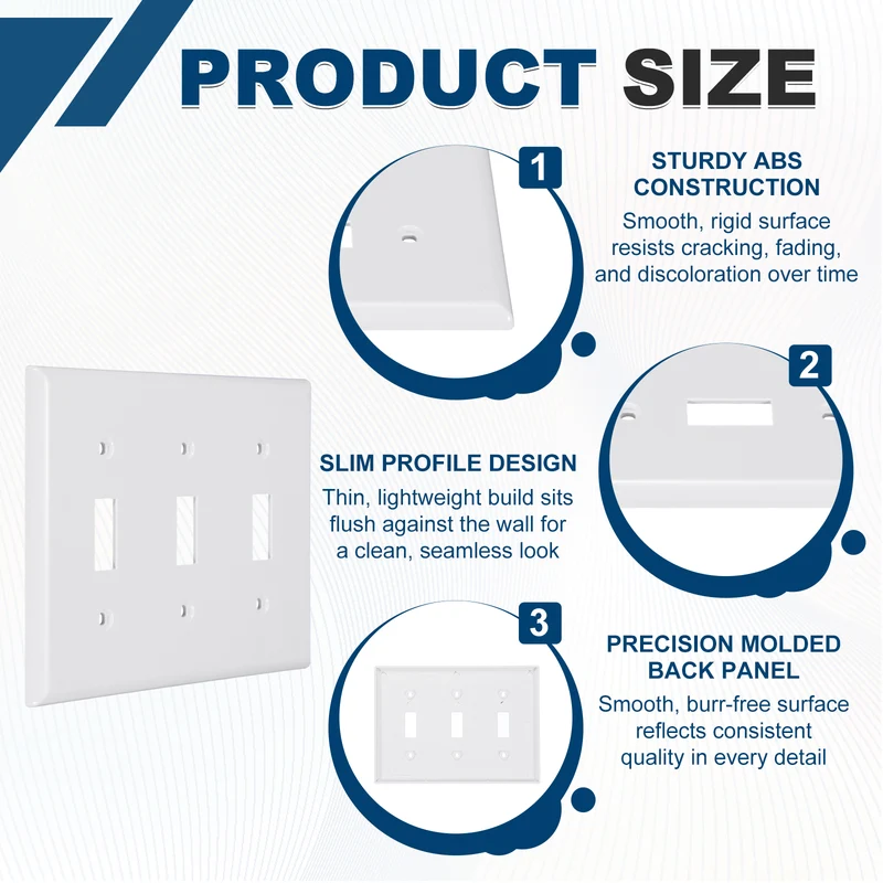 6PCS Triple Rocker Light Switch Wall Plates 3-Gang Switch, White, 6.4x4.5"