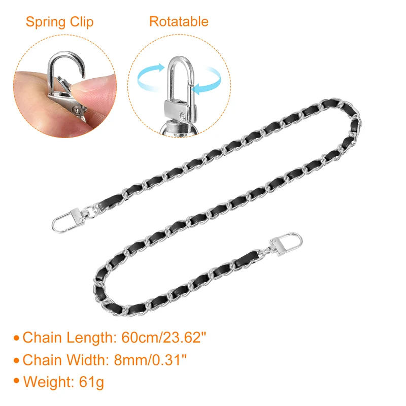 24" Purse Chain Strap with Buckles for Shoulder (Black + Silver)