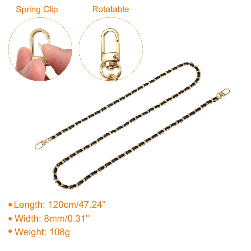 47" Purse Chain Strap with Buckles for Shoulder and Cross Body (Black + Gold)