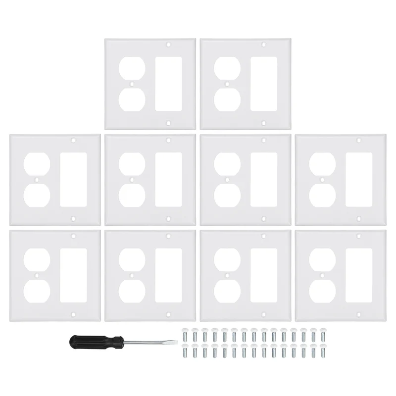 10PCS Single Rocker/Duplex Outlet Wall Plates 2-Gang Switch, White, 4.5x4.5"