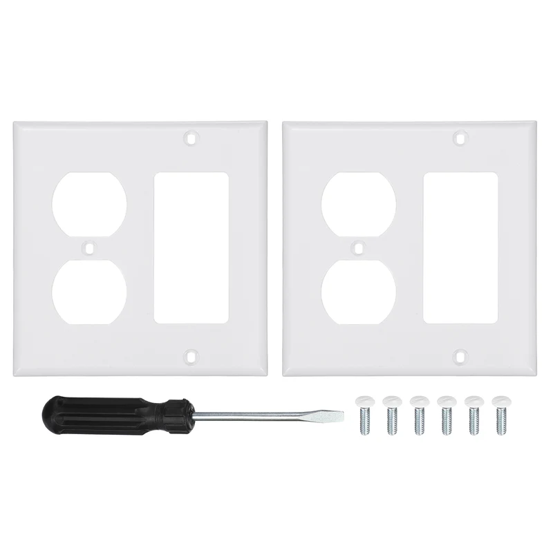 2PCS Single Rocker/Duplex Outlet Wall Plates 2-Gang Switch, White, 4.5x4.5"