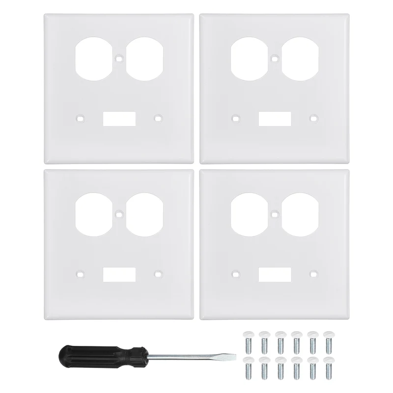 4PCS Duplex Outlet/Single Toggle Wall Plates 2-Gang Switch, White, 4.5x4.5"