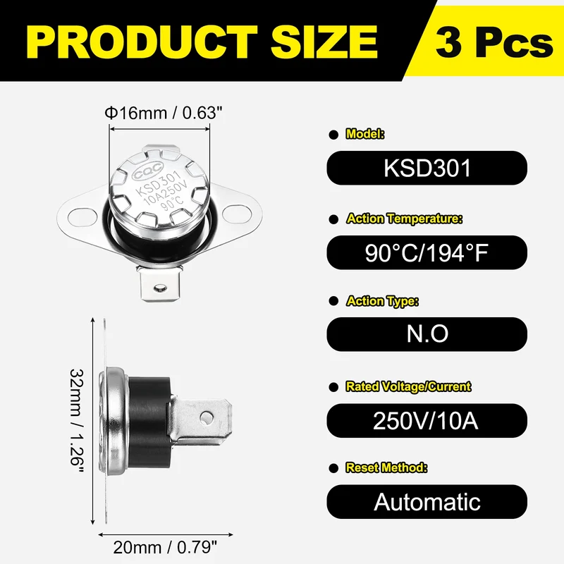 3Pcs KSD301 Thermostat 90°C/194°F 250V 10A N.O Bent Terminals Bakelite