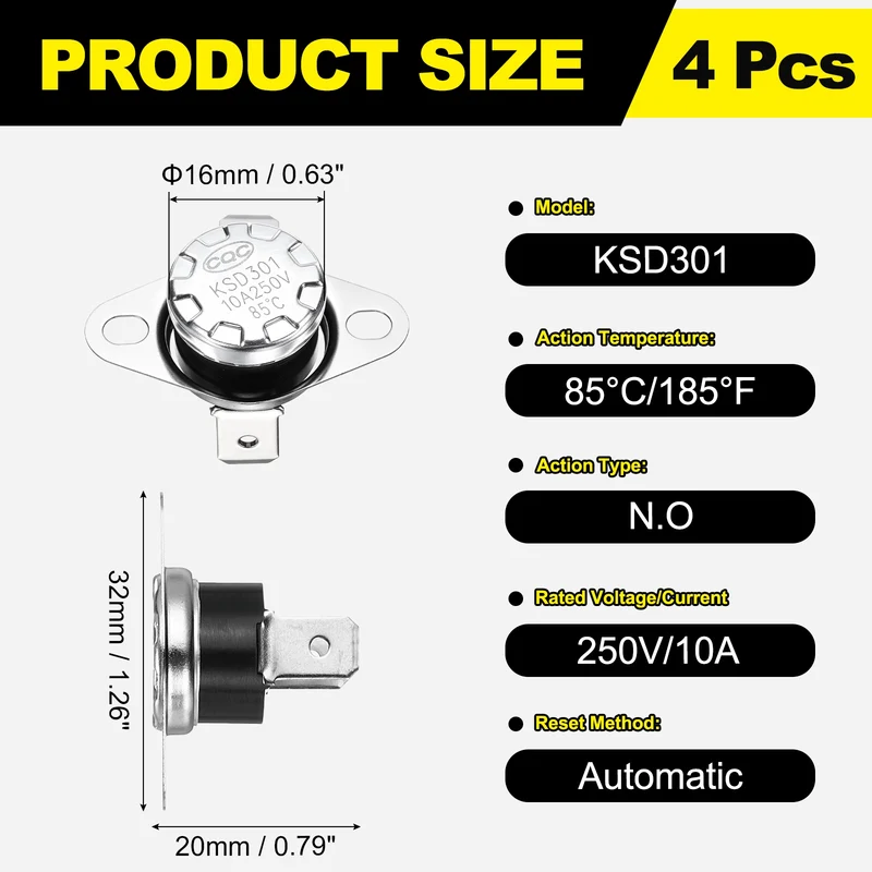 4Pcs KSD301 Thermostat 85°C/185°F 250V 10A N.O Bent Terminals Bakelite