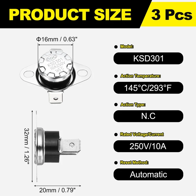 3Pcs KSD301 Thermostat 145°C/293°F 250V 10A N.C Bent Terminals Bakelite
