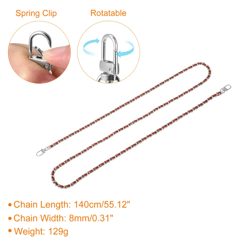 55" Purse Chain Strap with Buckles for Shoulder and Cross Body (Brown + Silver)