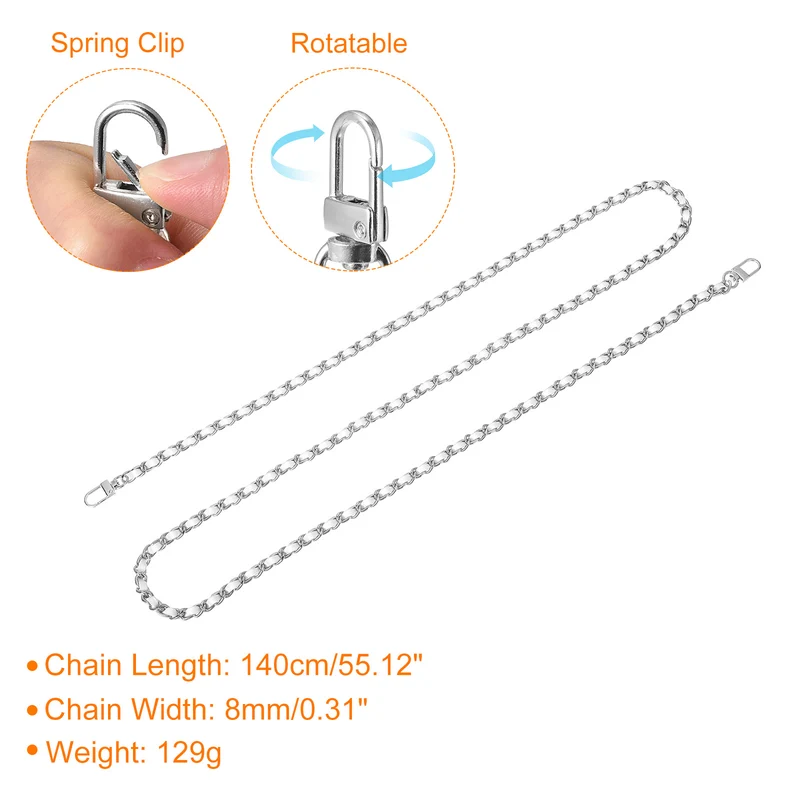 55" Purse Chain Strap with Buckles for Shoulder and Cross Body (White + Silver)