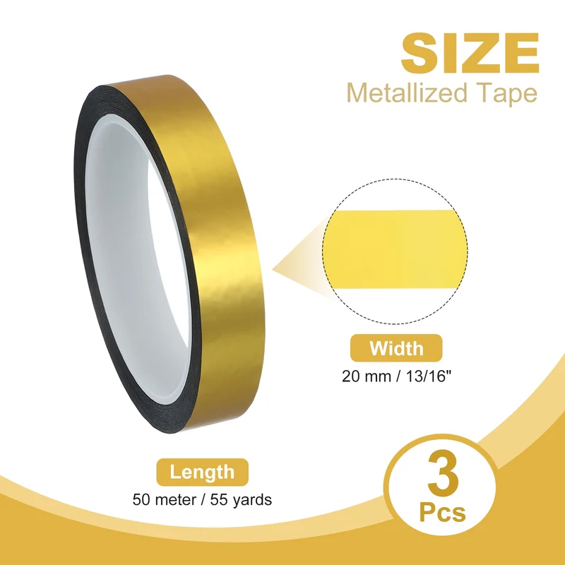 3 Pcs Metalized Polyester Film Tape 13/16 in x 55 Yard Matte Gold