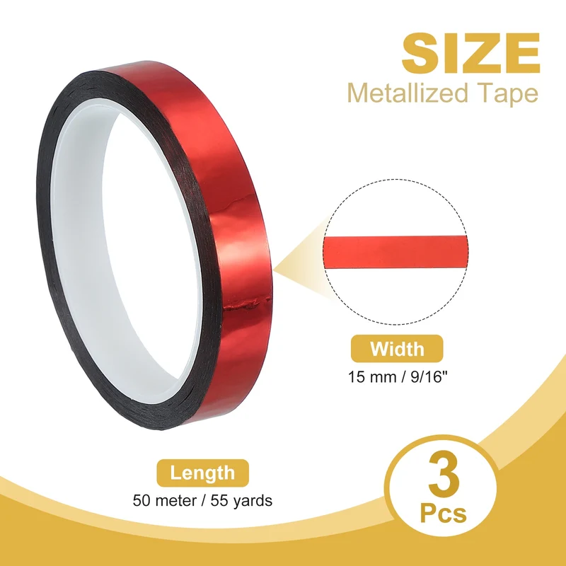 3 Pcs Metalized Polyester Film Tape 9/16 in x 55 Yard Glossy Red