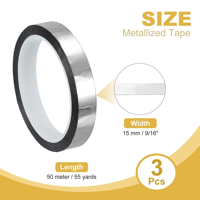 3 Pcs Metalized Polyester Film Tape 9/16 in x 55 Yard Glossy Silver