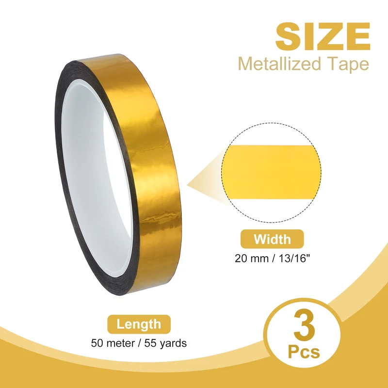 3 Pcs Metalized Polyester Film Tape 13/16 in x 55 Yard Glossy Golden
