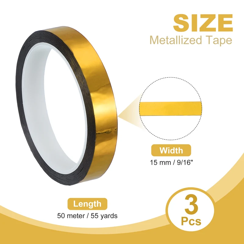 3 Pcs Metalized Polyester Film Tape 9/16 in x 55 Yard Glossy Golden