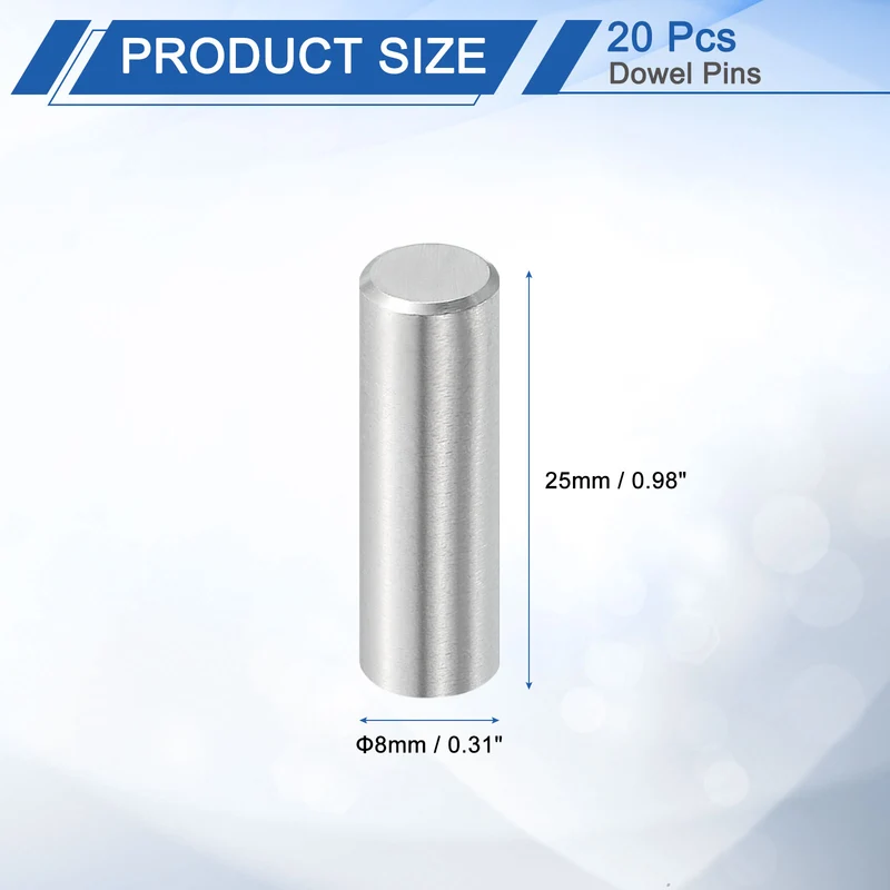 20Pcs 8mm x 25mm Dowel Pins, 304 Stainless Steel Shelf Support Peg Pin, Silver