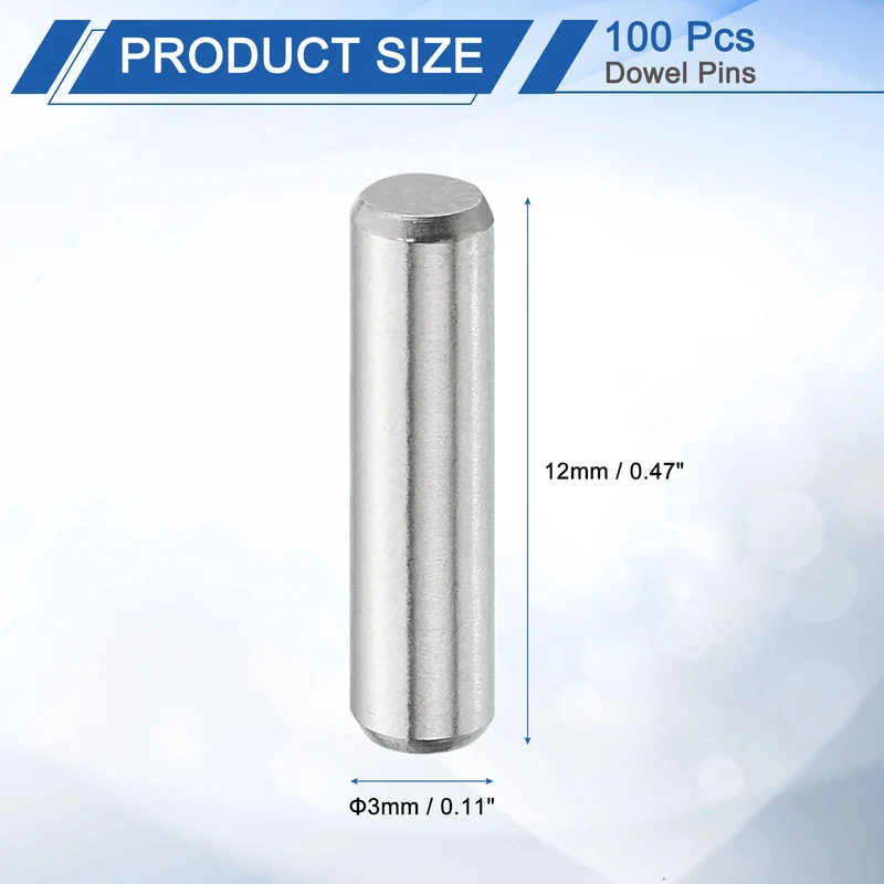 100Pcs 3mm x 12mm Dowel Pins 304 Stainless Steel Shelf Support Peg Pin Silver